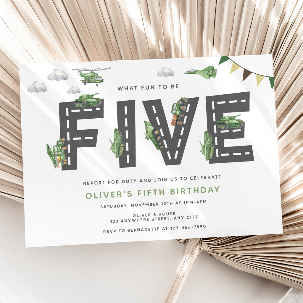 Personalized Army 5th Birthday Invitation – Digital JPG File