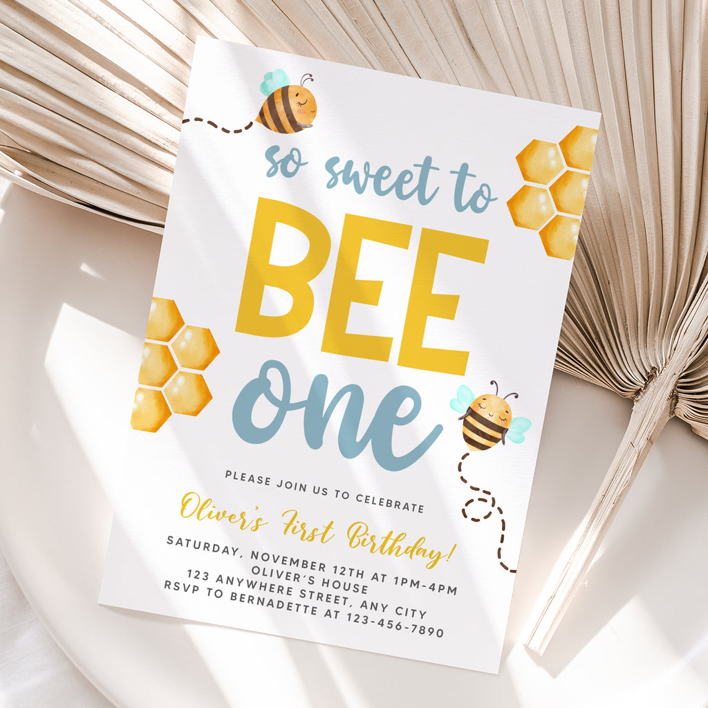 Personalized Bee 1st Birthday Invitation – Digital JPG File (Version 2)
