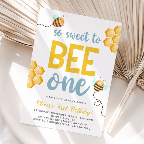Personalized Bee 1st Birthday Invitation – Digital JPG File (Version 2)