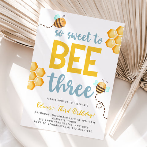 Personalized Bee 3rd Birthday Invitation – Digital JPG File (Version 2)