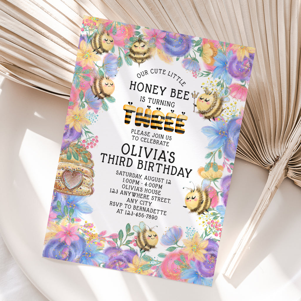 Personalized Bee 3rd Birthday Invitation – Digital JPG File