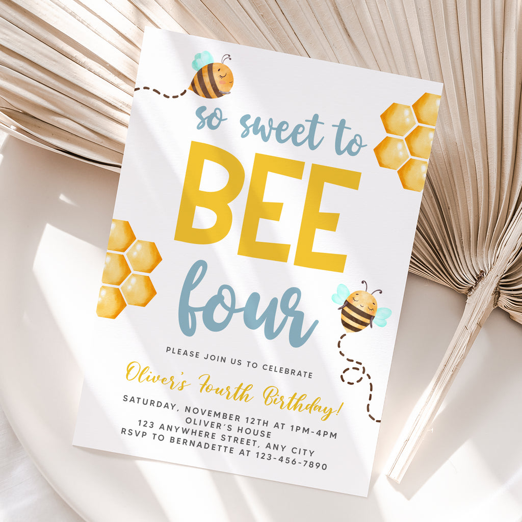 Personalized Bee 4th Birthday Invitation – Digital JPG File (Version 2)