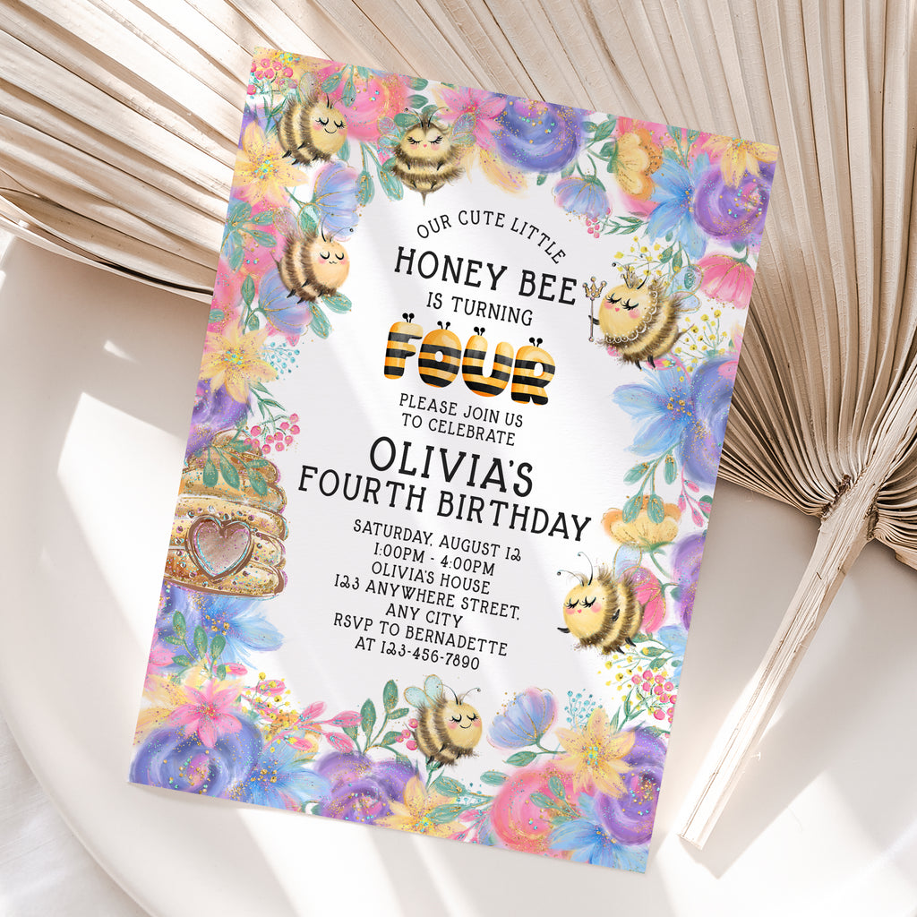 Personalized Bee 4th Birthday Invitation – Digital JPG File