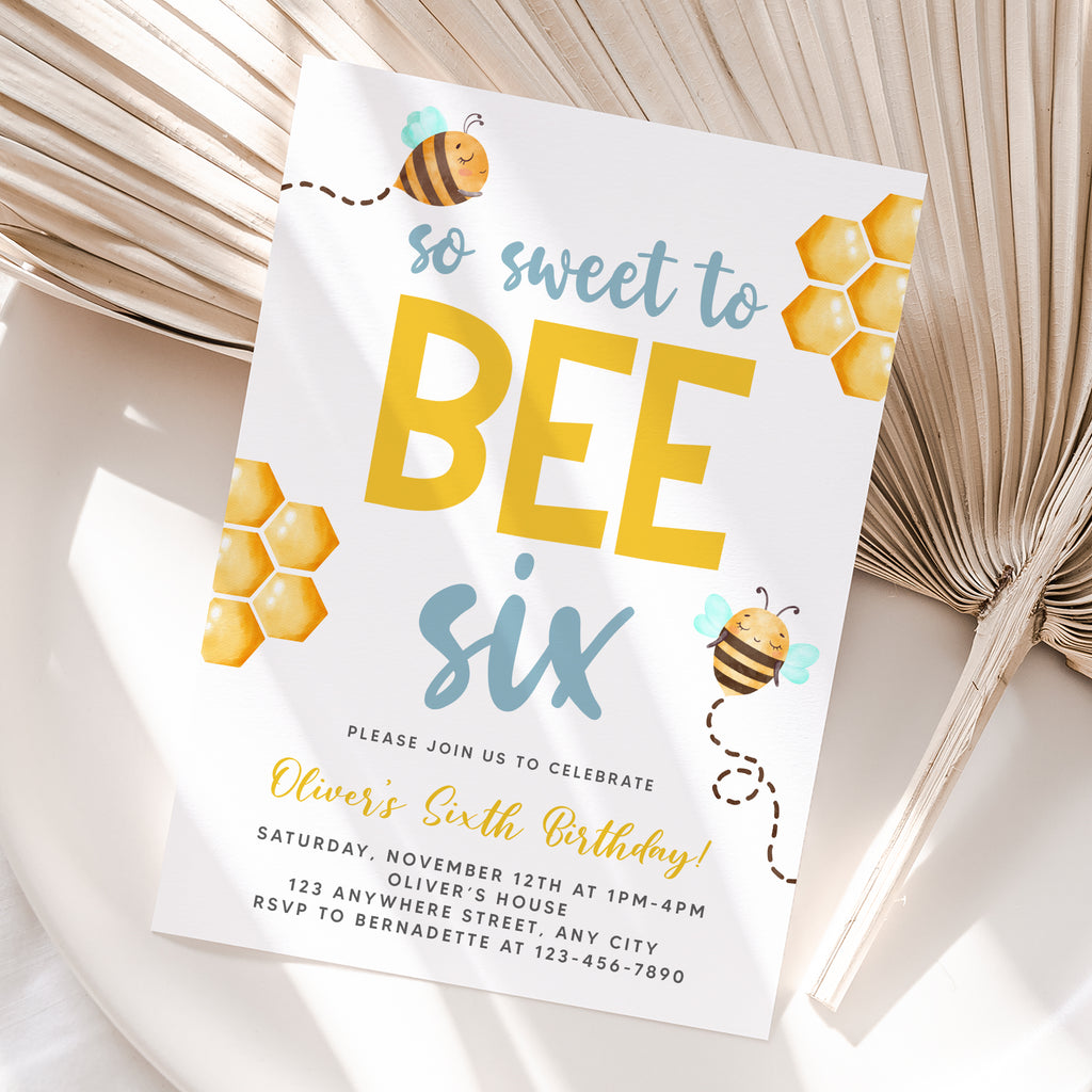 Personalized Bee 6th Birthday Invitation – Digital JPG File (Version 2)