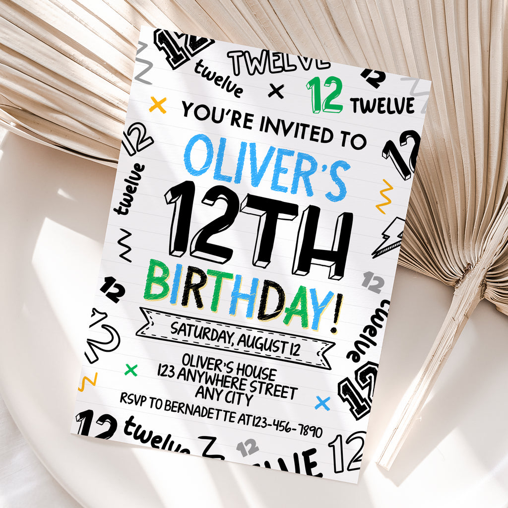 Personalized Boy 12th Birthday Invitation – Digital JPG File