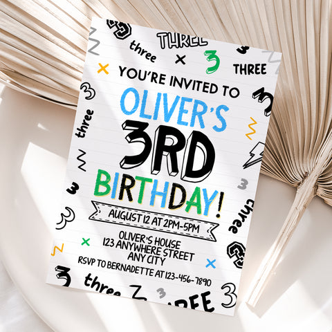 Personalized Boy 3rd Birthday Invitation – Digital JPG File