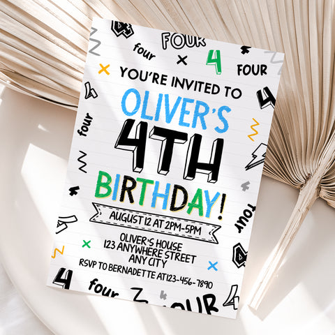 Personalized Boy 4th Birthday Invitation – Digital JPG File