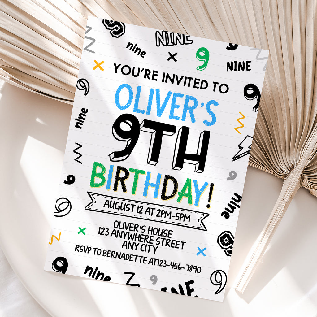 Personalized Boy 9th Birthday Invitation – Digital JPG File