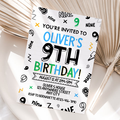 Personalized Boy 9th Birthday Invitation – Digital JPG File