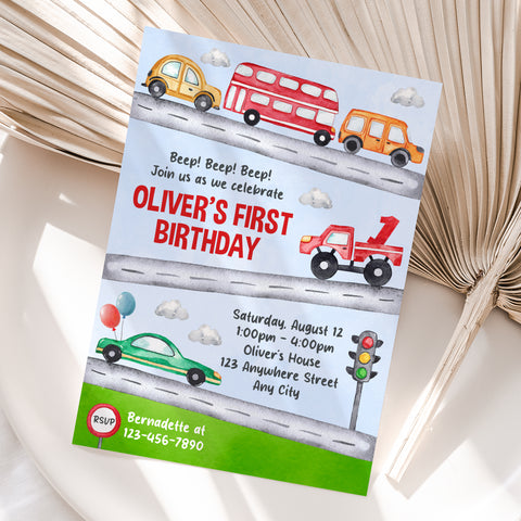 Personalized Cars 1st Birthday Invitation – Digital JPG File
