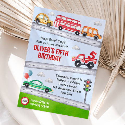 Personalized Cars 5th Birthday Invitation – Digital JPG File