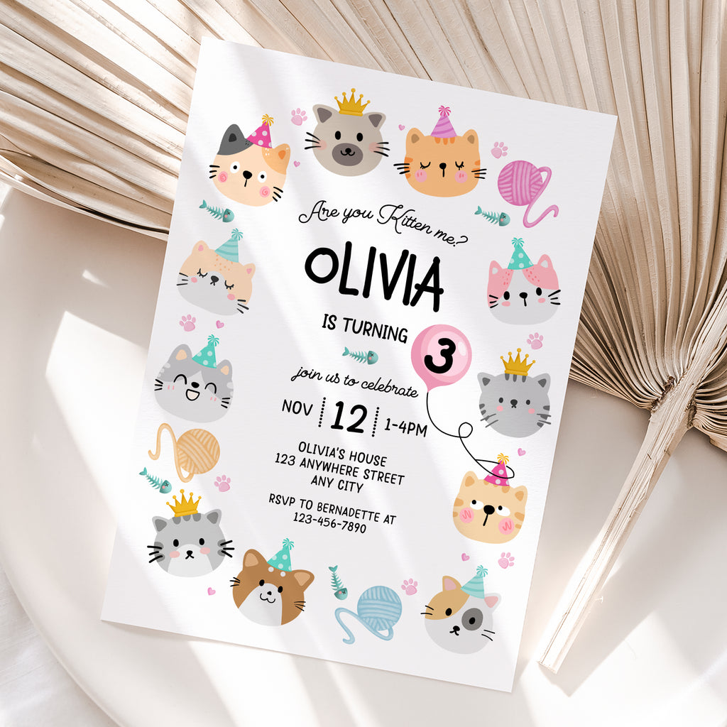 Personalized Cat Girl Birthday Invitation – Digital JPG File for Any Age