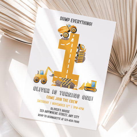 Personalized Construction 1st Birthday Invitation – Digital JPG File (Version 2)