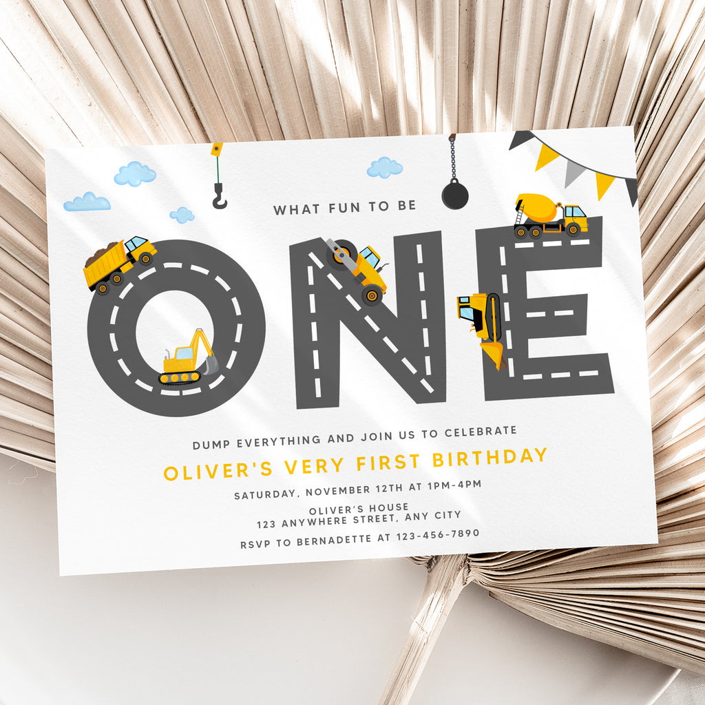 Personalized Construction 1st Birthday Invitation – Digital JPG File