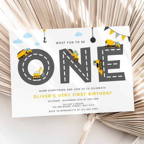 Personalized Construction 1st Birthday Invitation – Digital JPG File