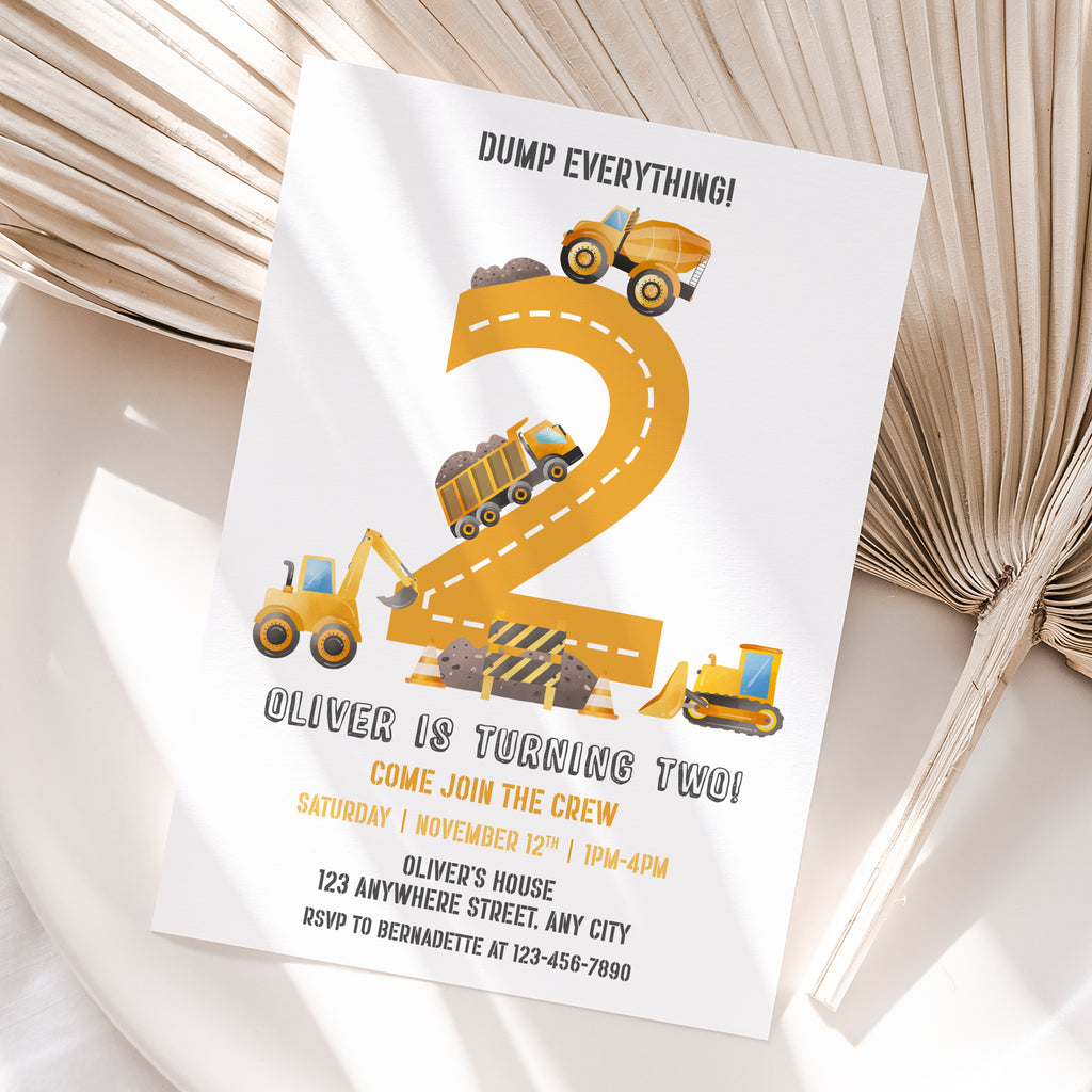 Personalized Construction 2nd Birthday Invitation – Digital JPG File (Version 2)