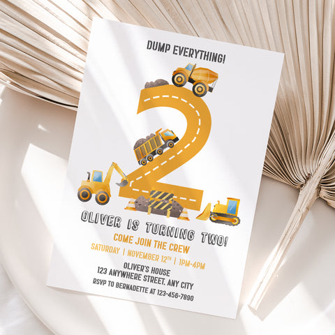 Personalized Construction 2nd Birthday Invitation – Digital JPG File (Version 2)