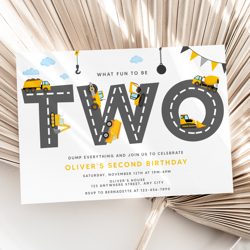 Personalized Construction 2nd Birthday Invitation – Digital JPG File