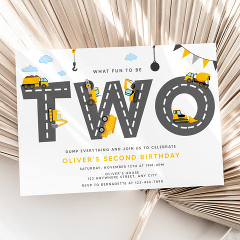 Personalized Construction 2nd Birthday Invitation – Digital JPG File