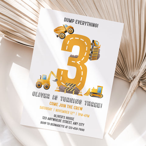 Personalized Construction 3rd Birthday Invitation – Digital JPG File (Version 2)