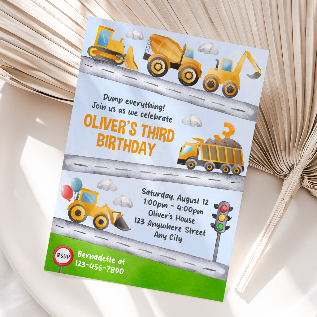 Personalized Construction 3rd Birthday Invitation – Digital JPG File (Version 3)