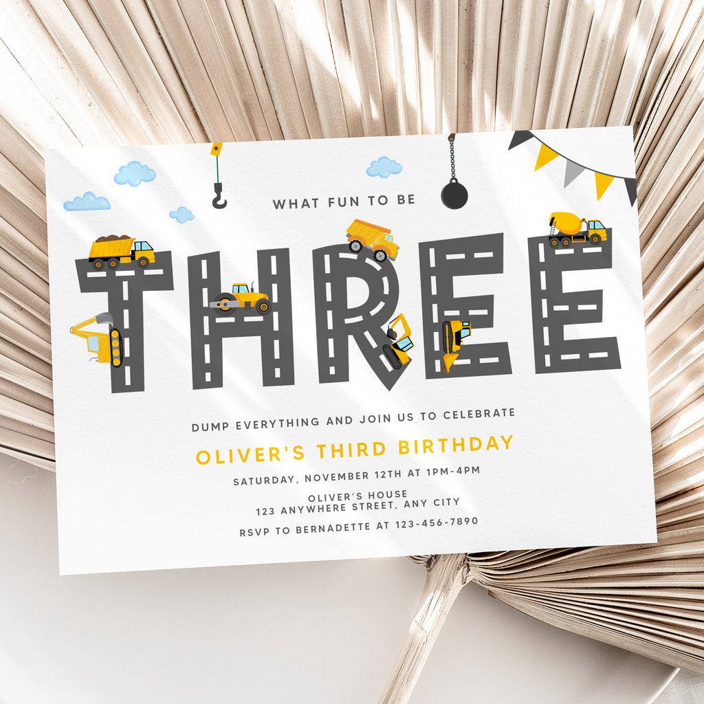 Personalized Construction 3rd Birthday Invitation – Digital JPG File