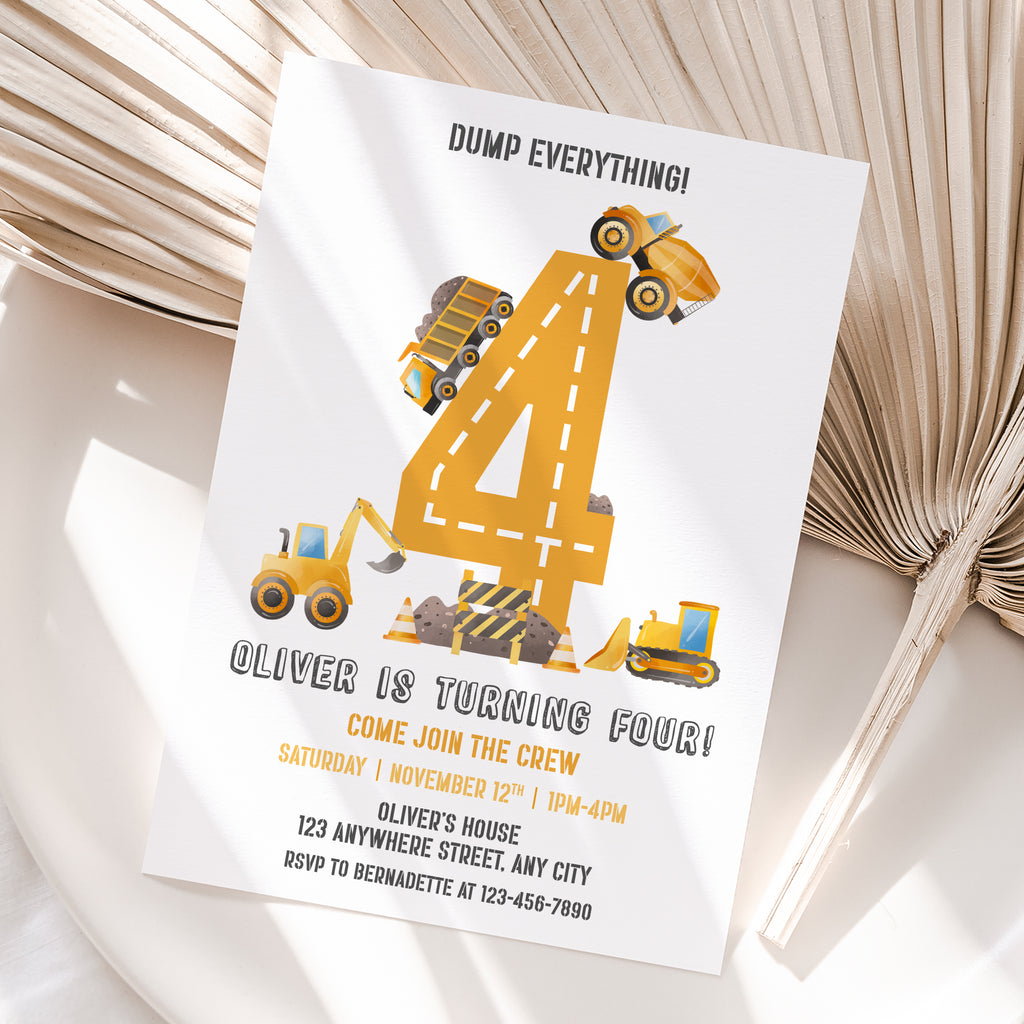 Personalized Construction 4th Birthday Invitation – Digital JPG File (Version 2)