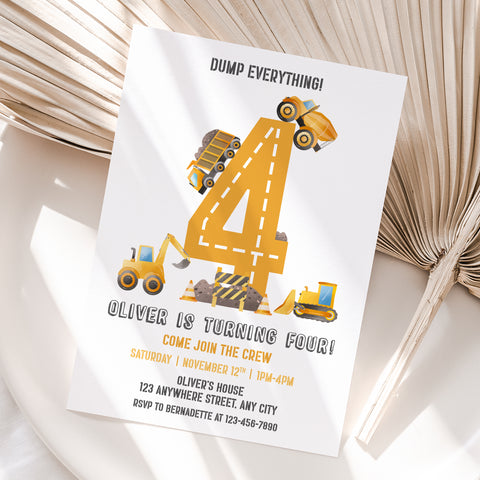 Personalized Construction 4th Birthday Invitation – Digital JPG File (Version 2)
