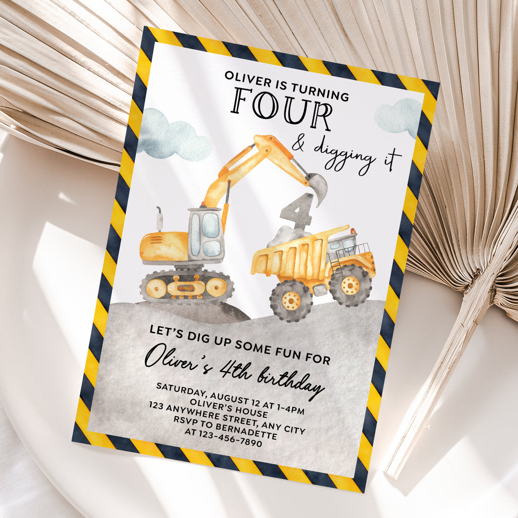 Personalized Construction 4th Birthday Invitation – Digital JPG File (Version 4)