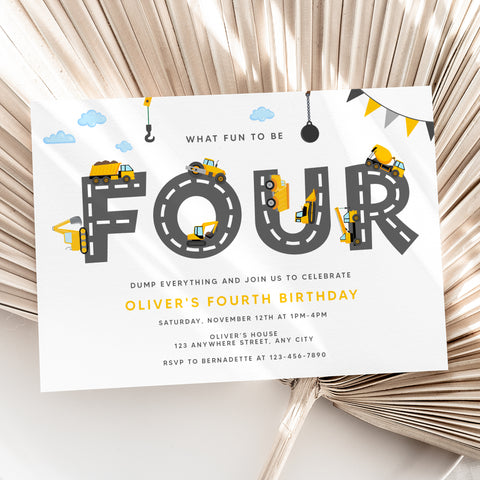 Personalized Construction 4th Birthday Invitation – Digital JPG File
