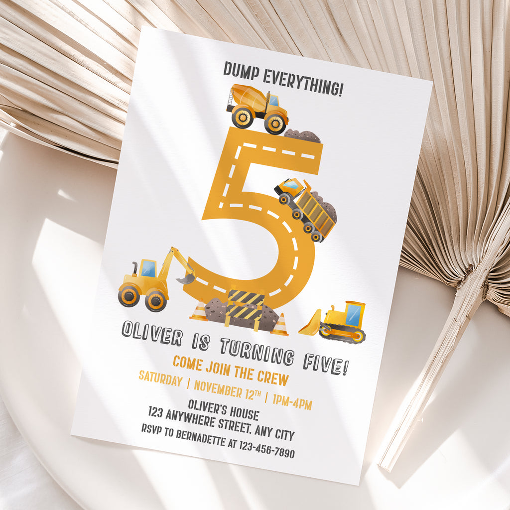 Personalized Construction 5th Birthday Invitation – Digital JPG File (Version 2)