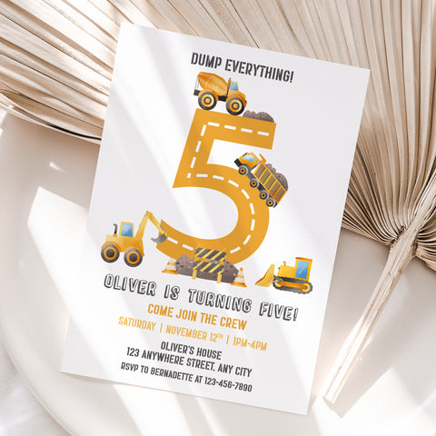 Personalized Construction 5th Birthday Invitation – Digital JPG File (Version 2)