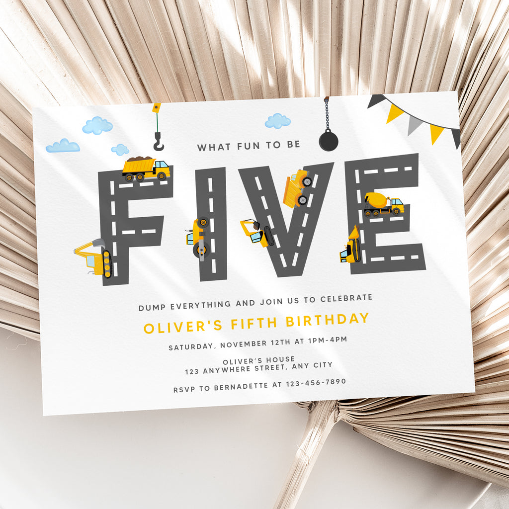Personalized Construction 5th Birthday Invitation – Digital JPG File