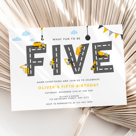 Personalized Construction 5th Birthday Invitation – Digital JPG File