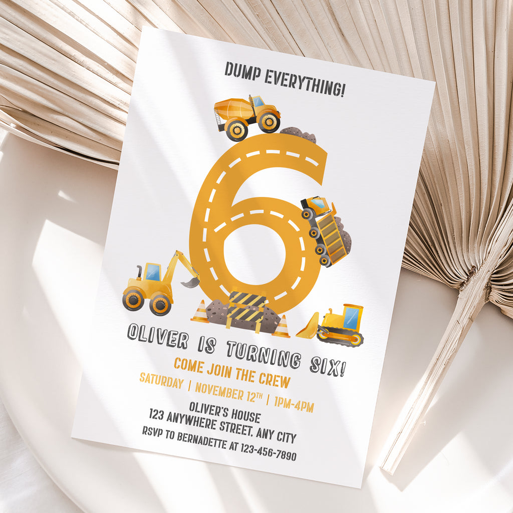 Personalized Construction 6th Birthday Invitation – Digital JPG File (Version 2)
