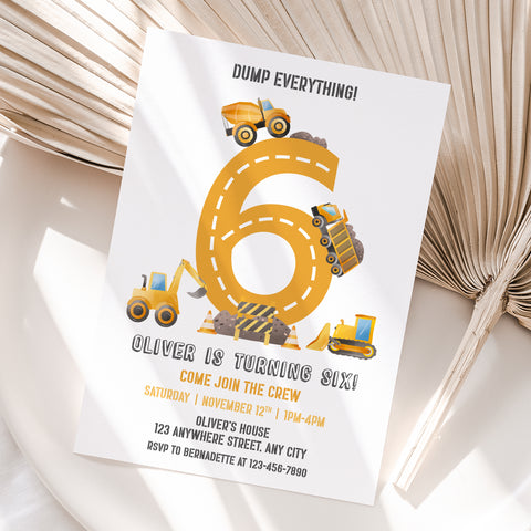 Personalized Construction 6th Birthday Invitation – Digital JPG File (Version 2)