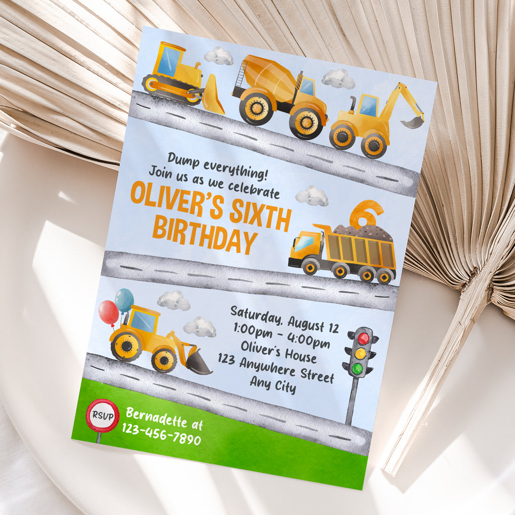 Personalized Construction 6th Birthday Invitation – Digital JPG File (Version 3)