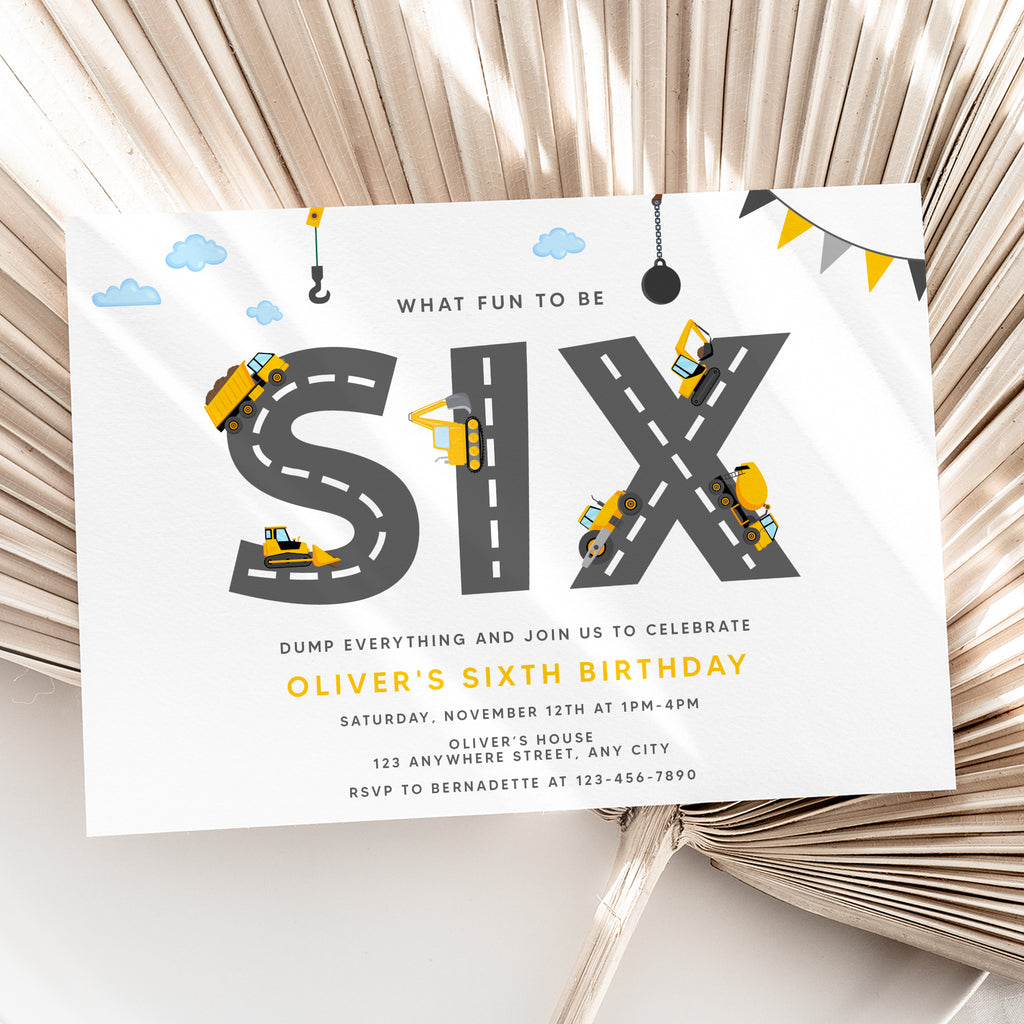 Personalized Construction 6th Birthday Invitation – Digital JPG File