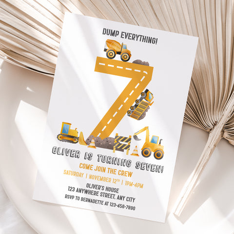 Personalized Construction 7th Birthday Invitation – Digital JPG File (Version 2)