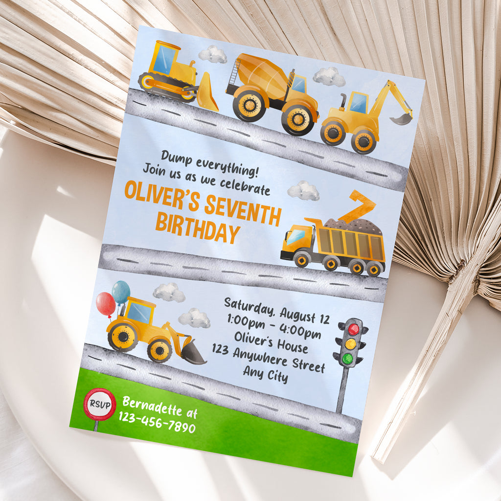 Personalized Construction 7th Birthday Invitation – Digital JPG File (Version 3)