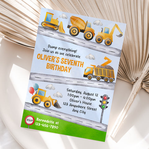 Personalized Construction 7th Birthday Invitation – Digital JPG File (Version 3)