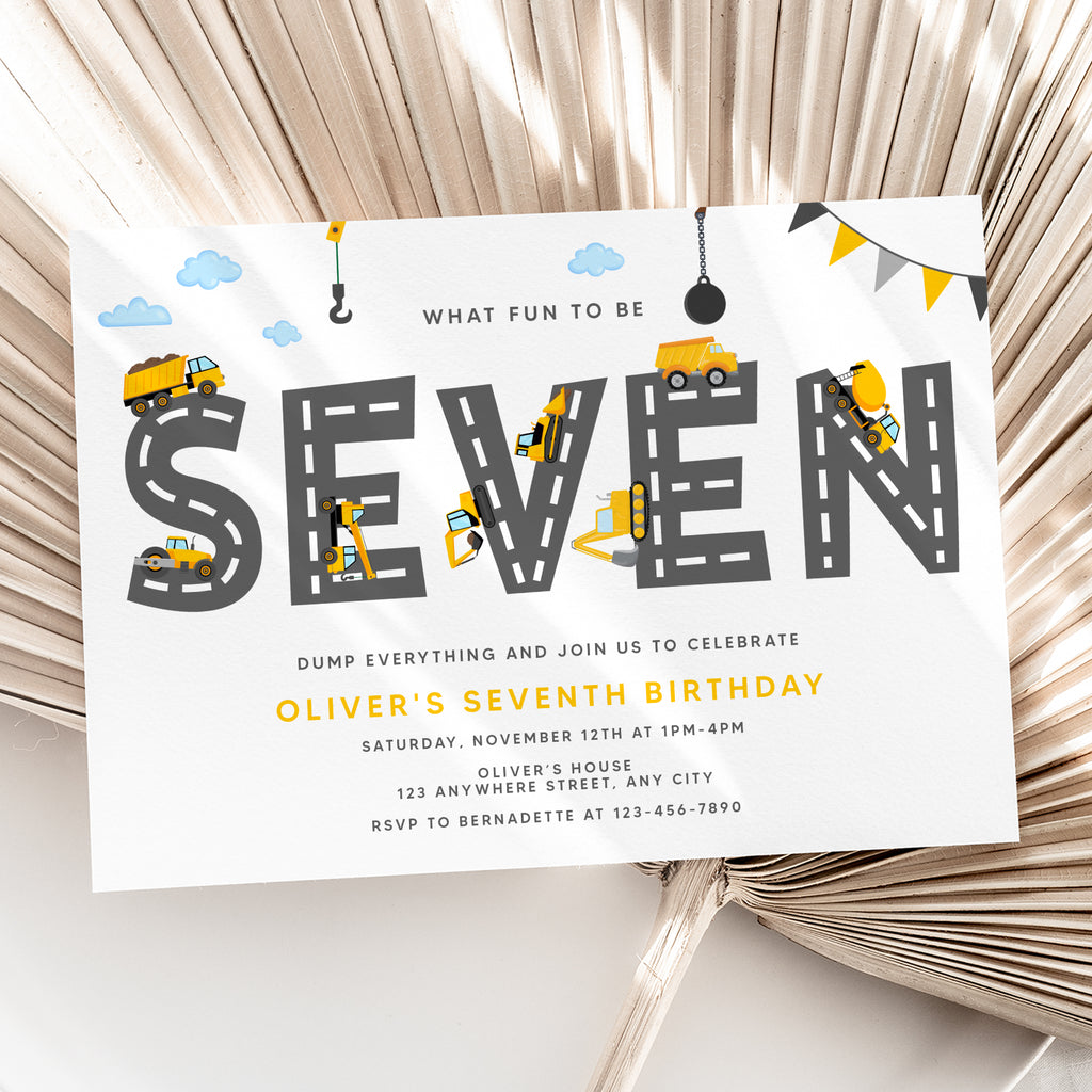 Personalized Construction 7th Birthday Invitation – Digital JPG File