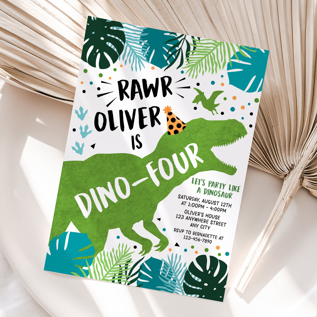 Personalized Dinosaur Boy 4th Birthday Invitation – Digital JPG File (Version 2)