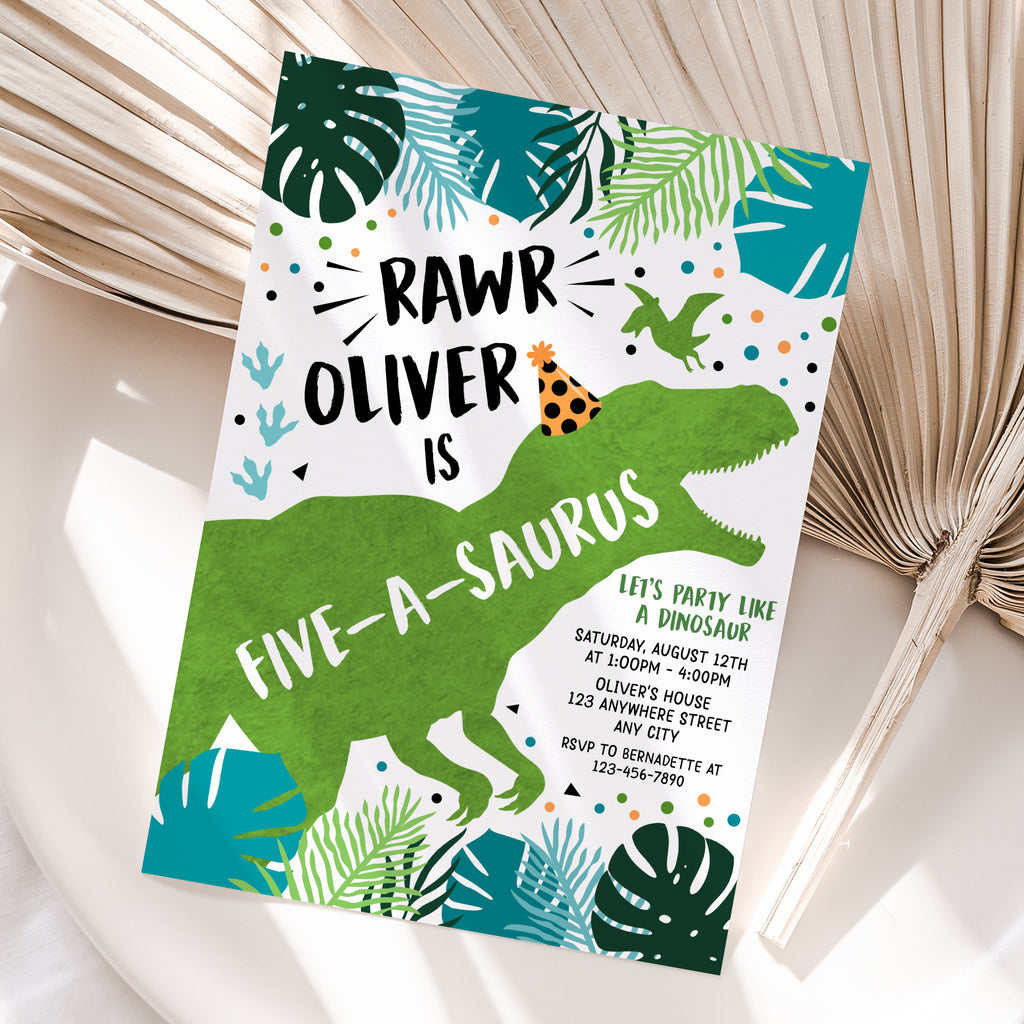 Personalized Dinosaur Boy 5th Birthday Invitation – Digital JPG File (Version 2)