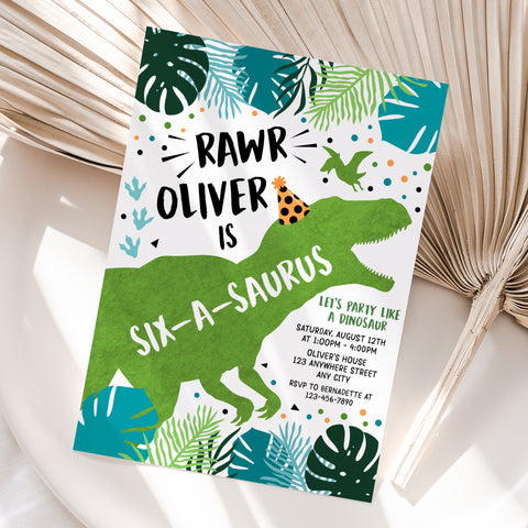 Personalized Dinosaur Boy 6th Birthday Invitation – Digital JPG File (Version 2)