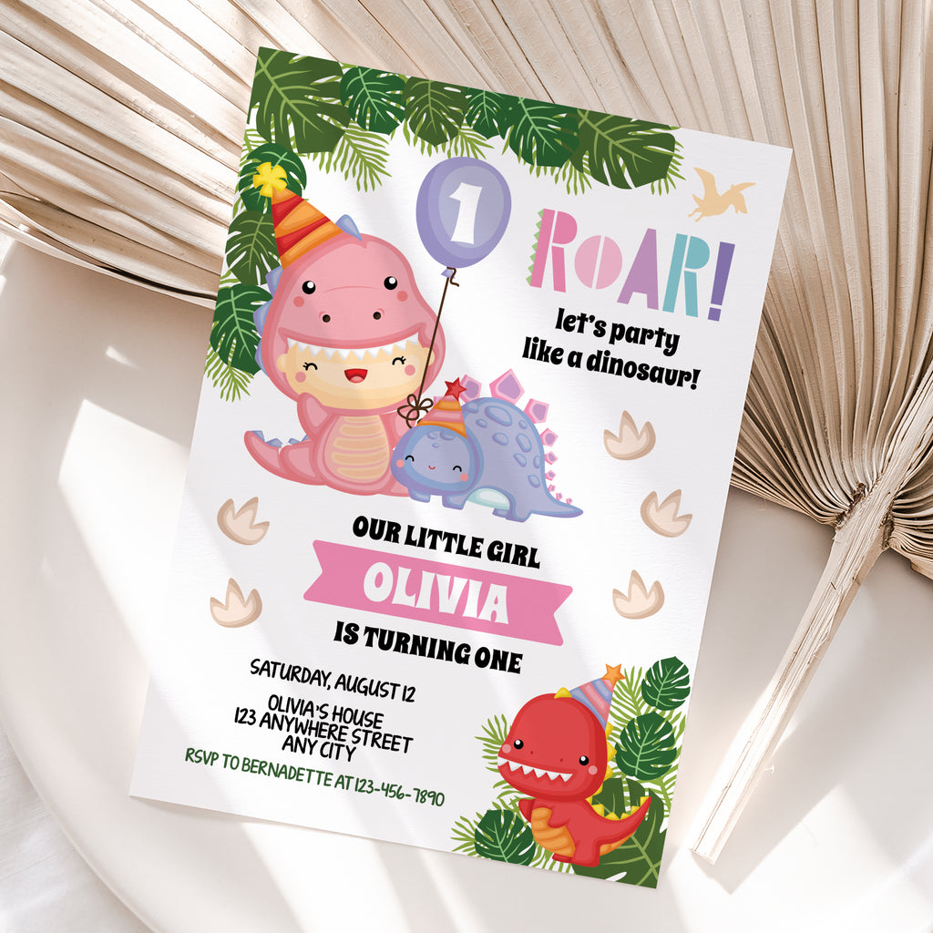 Personalized Dinosaur Girl 1st Birthday Invitation – Digital JPG File