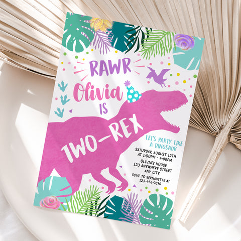 Personalized Dinosaur Girl 2nd Birthday Invitation – Digital JPG File (Version 2)