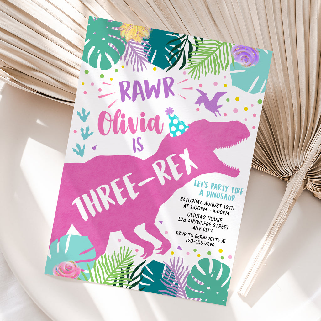Personalized Dinosaur Girl 3rd Birthday Invitation – Digital JPG File (Version 2)