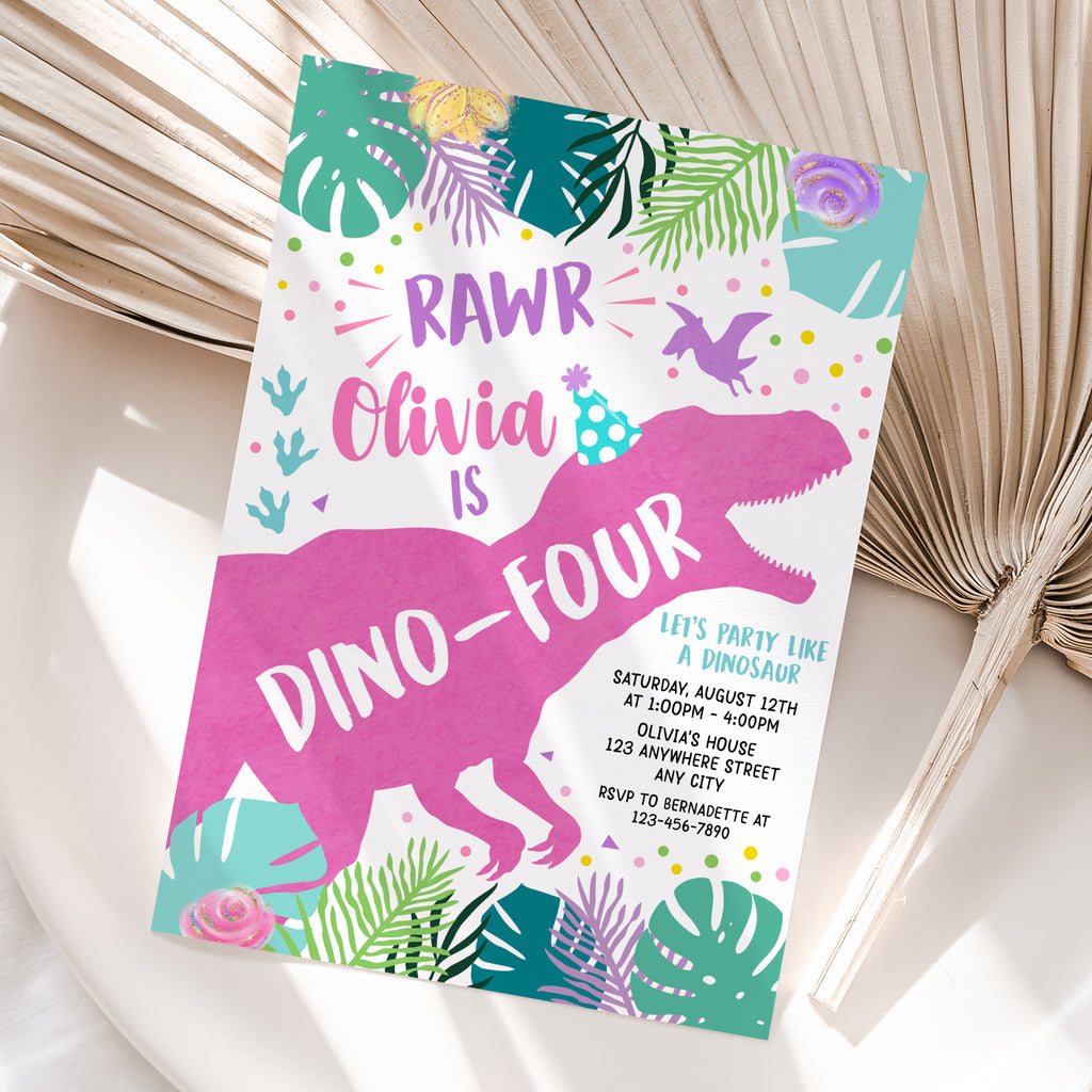 Personalized Dinosaur Girl 4th Birthday Invitation – Digital JPG File (Version 2)