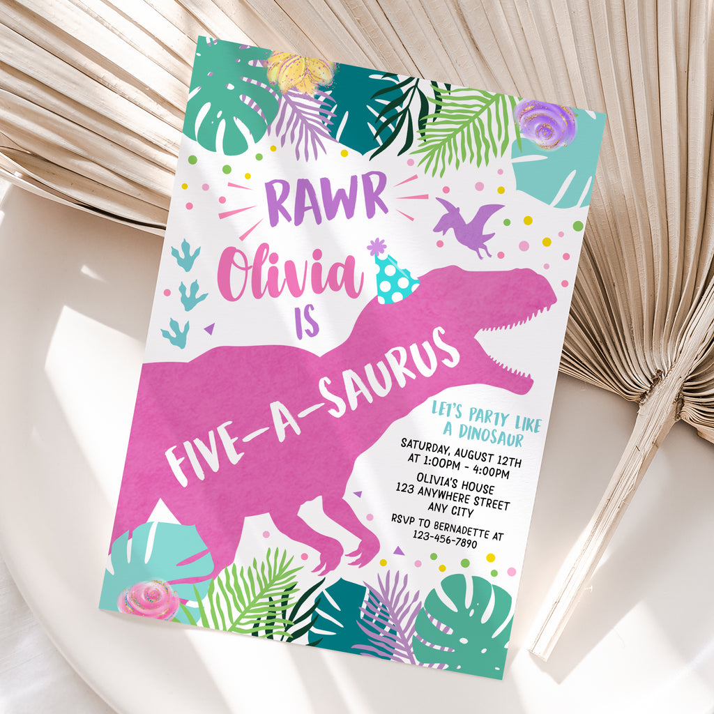 Personalized Dinosaur Girl 5th Birthday Invitation – Digital JPG File (Version 2)